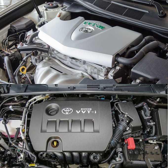 Động cơ của Toyota Camry 2.0 E 2018 (trên) và Corolla 2.0 V Sport 2018 (dưới)