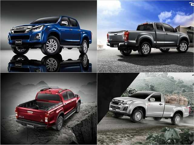 4 phiên bản của D-max 2018 tại Thái Lan: Cab4 (xanh), Space cab (xám), V-Cross (đỏ) và Spark (trắng).