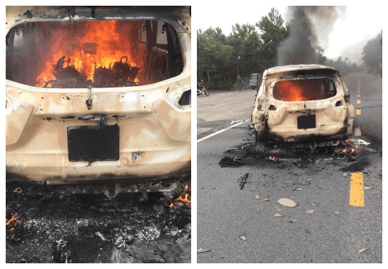 Xe ô tô Mitsubishi Xpander bốc cháy chưa rõ nguyên nhân khiến 2 người tử vong