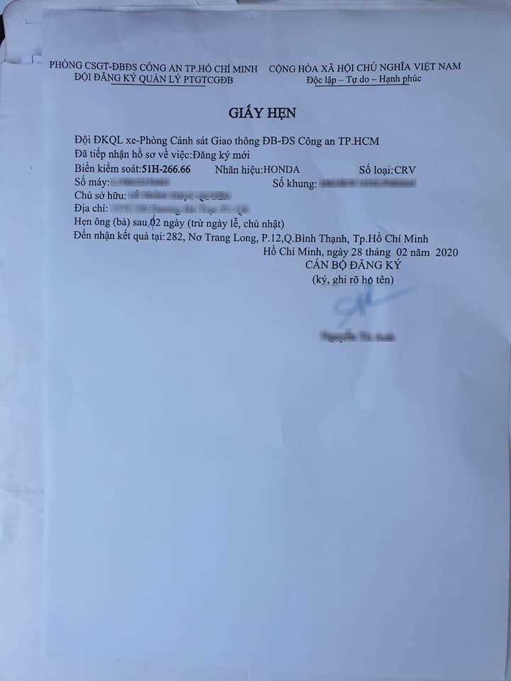 giấy hẹn chiếc Honda CR-V biển số 51H-266.66