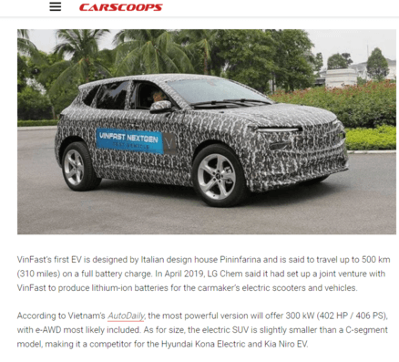 Trang Carscoops của Mỹ dẫn nguồn tin của Autodaily đưa tin về mẫu xe điện đầu tiên của VinFast