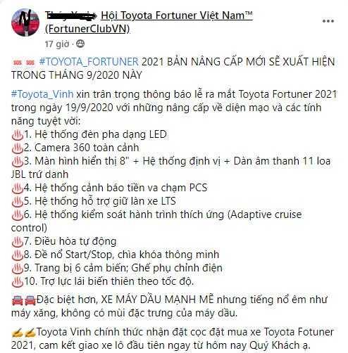 Đại lý nhận đặt cọc Toyota Fortuner 2021