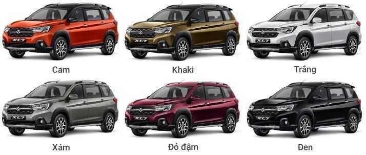 Suzuki XL7 hiện đang phân phối với 6 màu sắc lựa chọn gồm: Cam, Khaki, Đỏ đạm, Xám, Trắng, Đen.