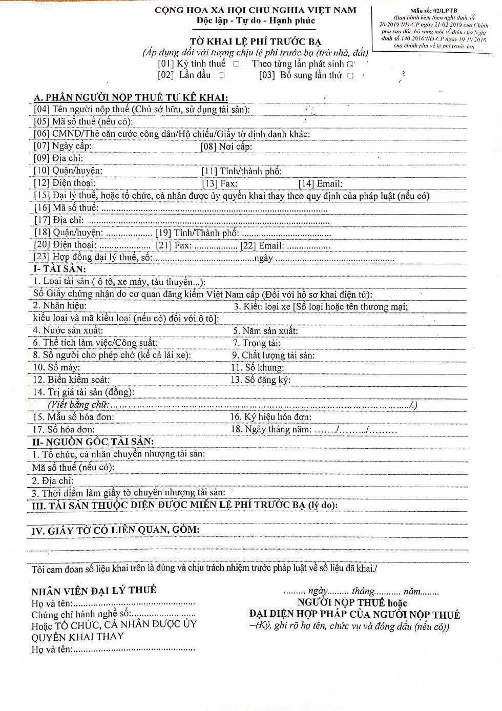 Tờ khai nộp thuế trước bạ