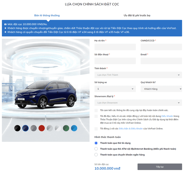 Giao diện đặt xe online của VinFast
