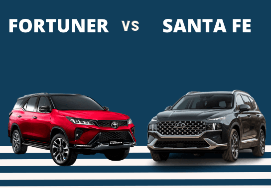 Fortuner (b&ecirc;n tr&aacute;i) v&agrave; Santa Fe (b&ecirc;n phải)