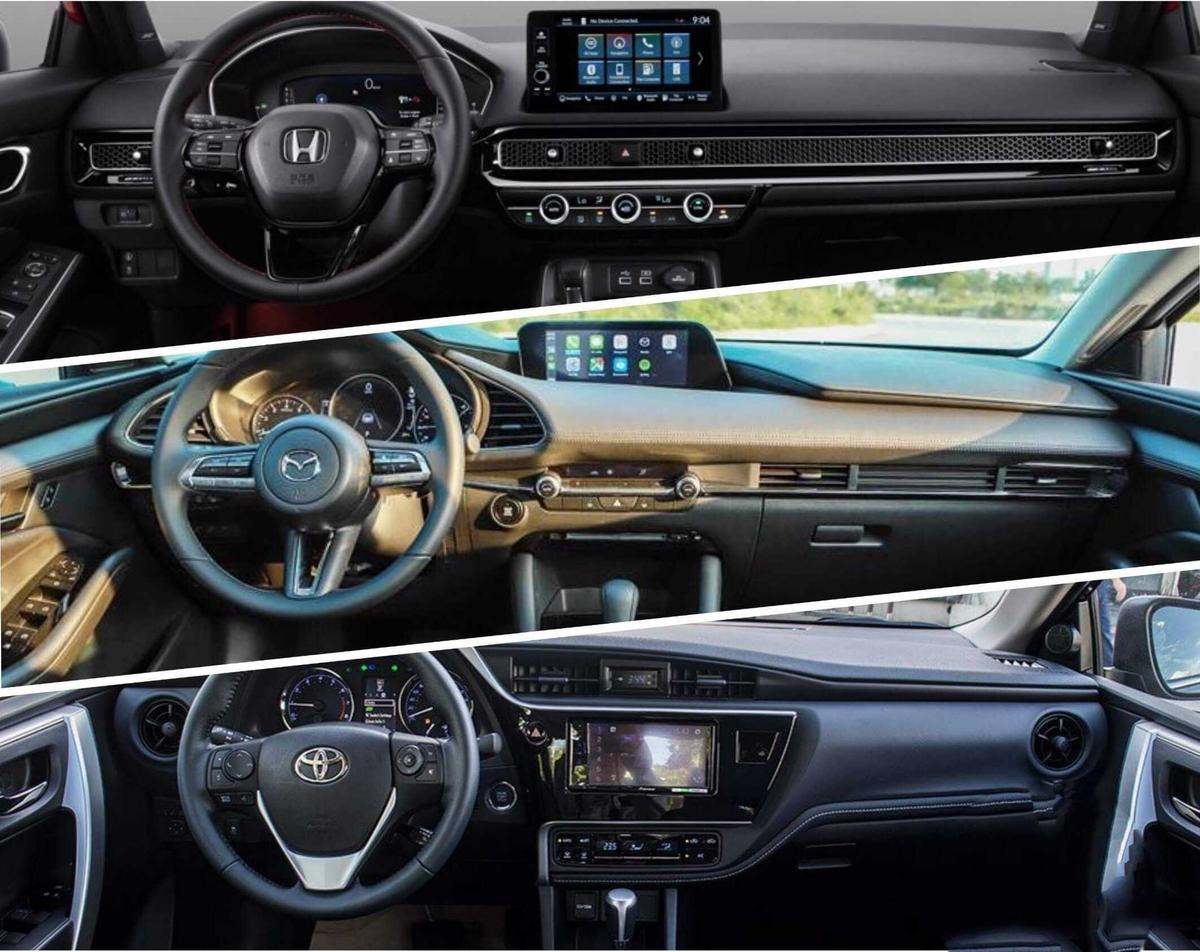 Nội thất Honda Civic, Mazda3 và Toyota Corolla Altis.