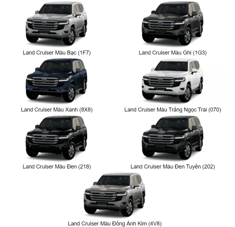 Màu xe: Bạc, Ghi, Xanh, Trắng Ngọc Trai, Đen, Đen Tuyền, Đồng Ánh Kim